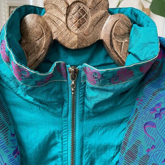 Vintage 90s 94 Lady Lavon Teal Satin Print Winderbreaker Jacket 1X - Picture 6 of 11